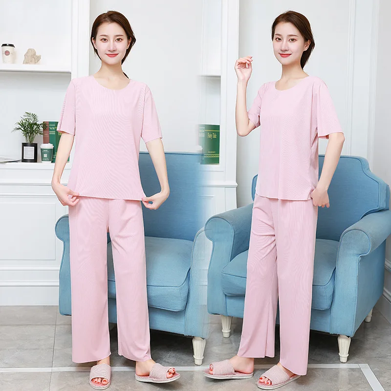 Suit Sleepwear Women Short-Sleeved Trousers Pajamas Homewear Suit Women's Loose Ice Silk Short Sleeve Soft Wide-Leg Pants