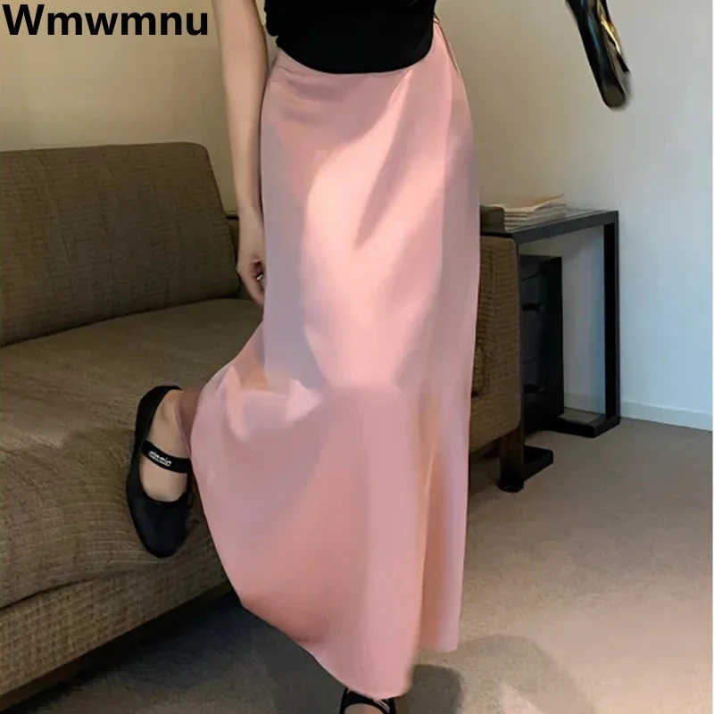 Smooth Satin Luxury A-line Midi Skirts Korean Fashion Women Casual Skirt Elegant Elastic High Waist Faldas Aesthetic Summer Jupe