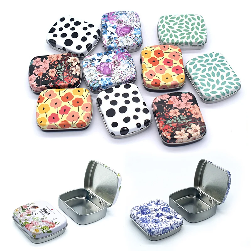 

Floral Pattern Mini Storage Box for Candy and Pill Cute Square Tin Small Box with Cover Lid High Quality Jewelry Tinplate Can