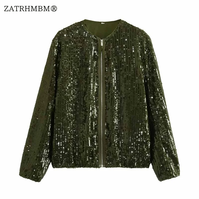 

ZATRHMBM Women 2023 Autumn New Fashion Sequins Bomber Jackets Coat Vintage Long Sleeve Zip Fly Female Outerwear Chic Tops