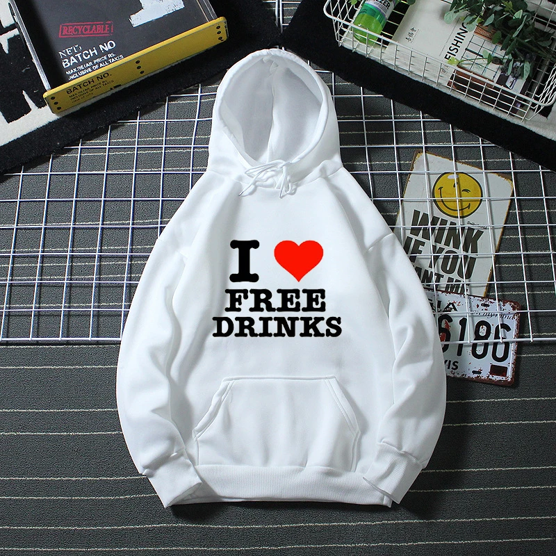 

High Quality Printed Hoodie Punk Men's and Women's Autumn and Winter I Love Free Drinks Print Retro Loose Y2K Top Streetwear