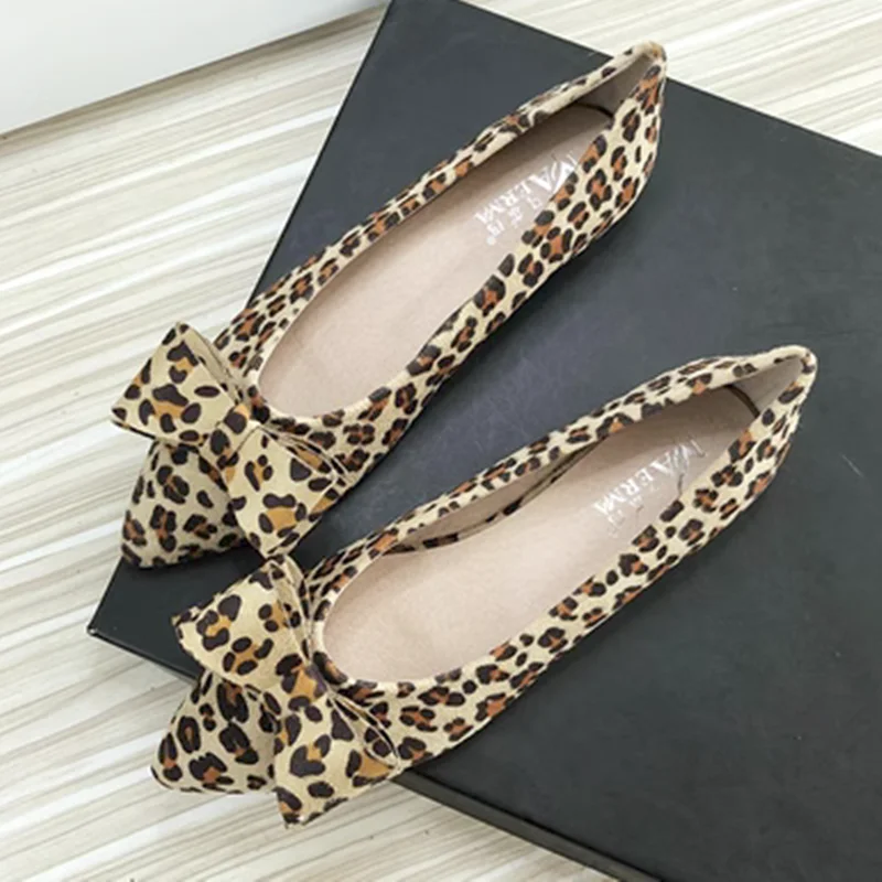 

Feminino Bow Balerinas Cinderella Cute Sweet Flats Pointy Toe Dough Shoes Flock Leopard Brown Yellow Wide And Narrow Feet 32-48