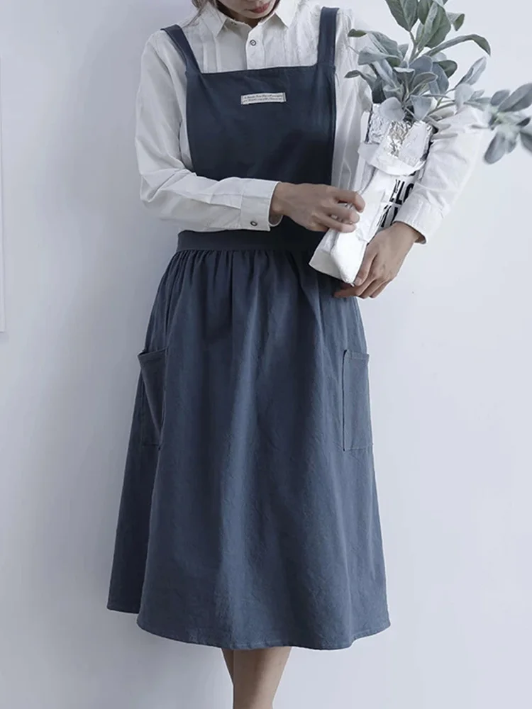 

Nordic Cotton Linen Aprons Adjustable Waist Pleated Skirt Apron Kitchen Cooking Baking Aprons With Pocket Work Apron Waiter