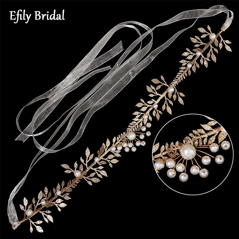 

Efily Gold Leaf Pearl Bridal Hair Vine Wedding Hair Accessories Bride Headband Headpiece Jewelry Women Hairband Bridesmaid Gift