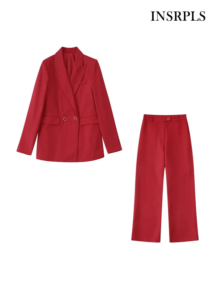 

INSRPLS Women Fashion Office Wear Double Breasted Blazer Coat And High Waist Side Pockets Wide Leg Pants Female Suits Mujer