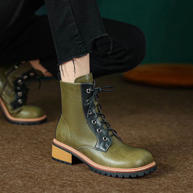 

Женские ботильоны из натуральной кожи, современные полусапожки из воловьей кожи, с цветными блоками, на молнии сбоку, длиной 22-25 см, Осень-зи...