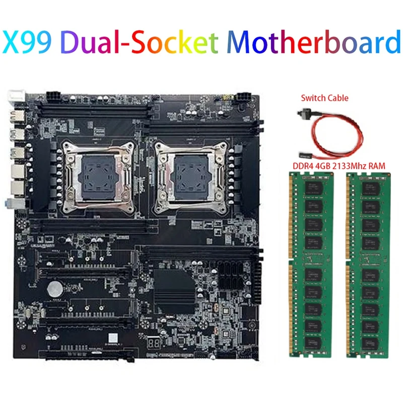 

X99 Dual-Socket Motherboard LGA2011-3 Dual CPU Support RECC DDR4 Memory Black With 2XDDR4 4GB 2133Mhz RAM+Switch Cable