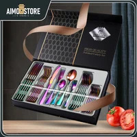 30pcs/set 1010 Stainless Steel Cutlery Knife Fork Spoon Set Gift Box Business 5pcs Combination Gold Cutlery Rainbow/Black