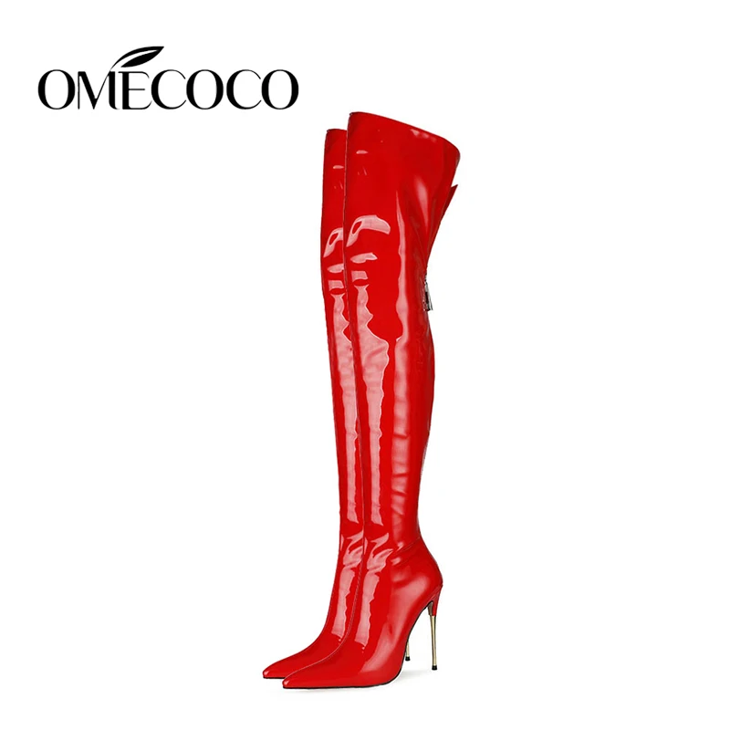 Женские ботфорты на тонком каблуке Сапоги выше колена высоком Кожаные большой