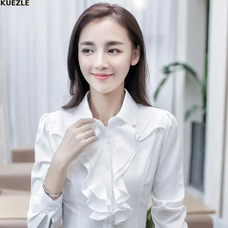 

Блузка женская с длинным рукавом и оборками, белая, размеры до 5XL