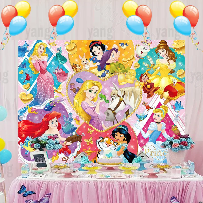 Disney Backdrop Cinderella Sleeping Beauty The Little Mermai Seven Dwarfs Photography Princess Baby Birthday Party Background enlarge