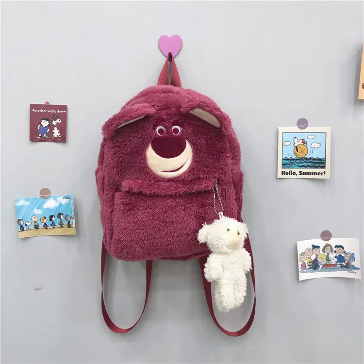 Disney Strawberry Bear Student Cute Plush Girl Heart Waterproof Backpack Gentle Sweet Adjustable Zipper Travel Backpack