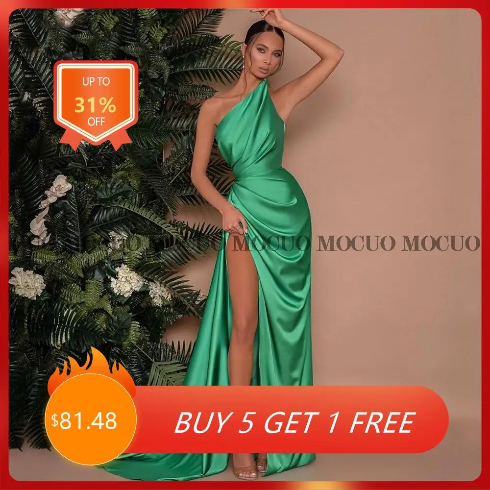 

Зеленое простое атласное вечернее платье на одно плечо с разрезом сбоку, вечерние платья знаменитостей, бальное платье со шлейфом для выпус...