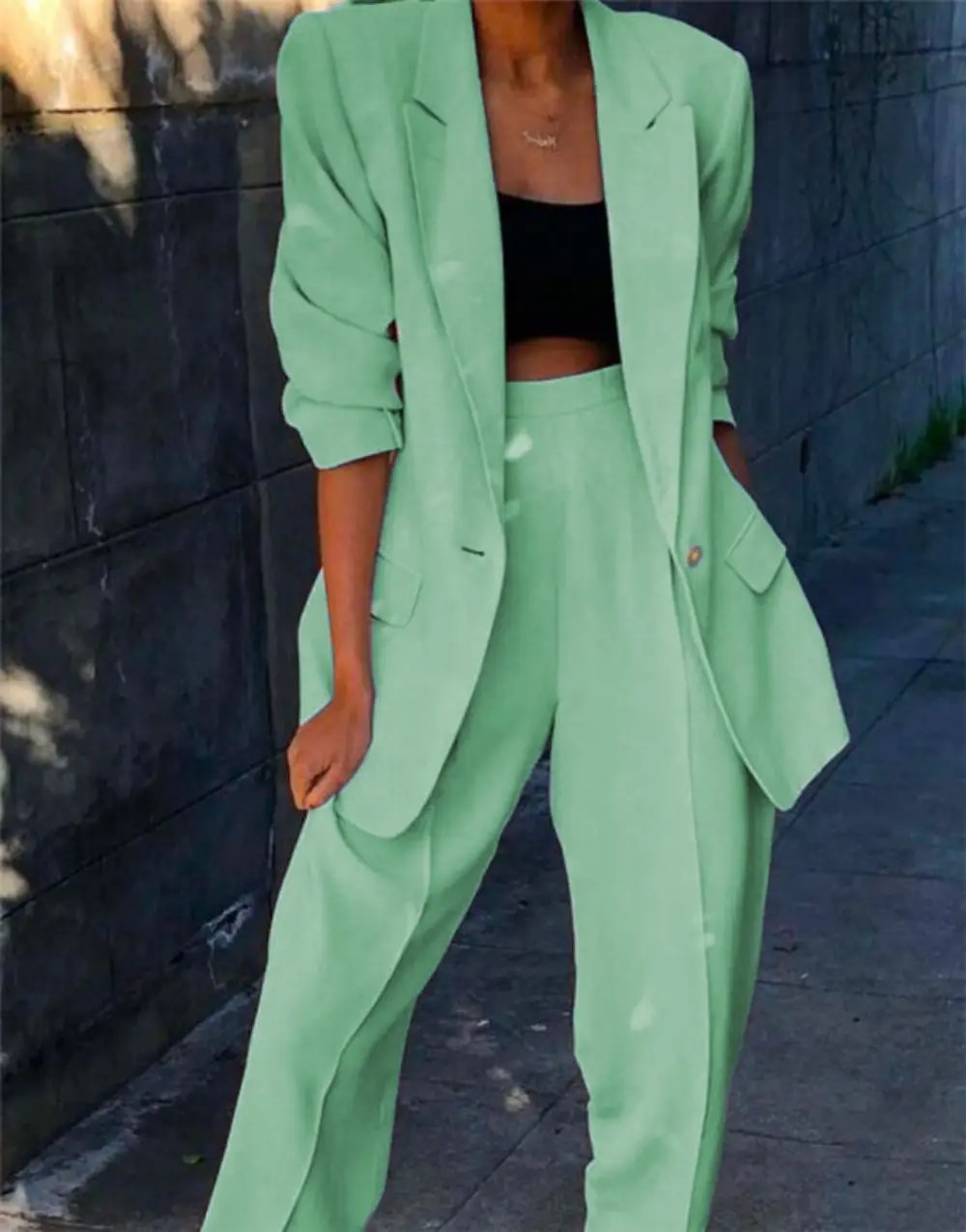 Light Green Women Suits 2 Pcs Peak Lapel Office Ladies Business Jacket+Pants Formal Loose Blazer Uniform Style Female Pantsuit