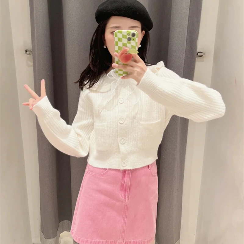 

Новинка Осень-зима 2022, Женский мягкий и удобный вязаный кардиган с длинным рукавом и кукольным воротником с бантом, пальто