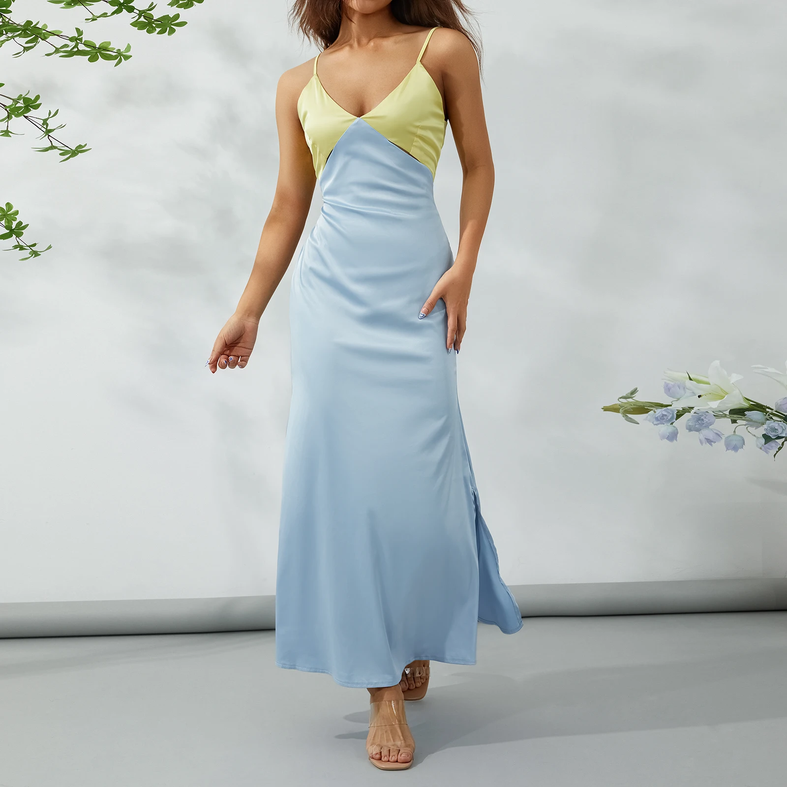 

Женское длинное платье на бретельках, облегающее пляжное платье контрастных цветов без рукавов с V-образным вырезом
