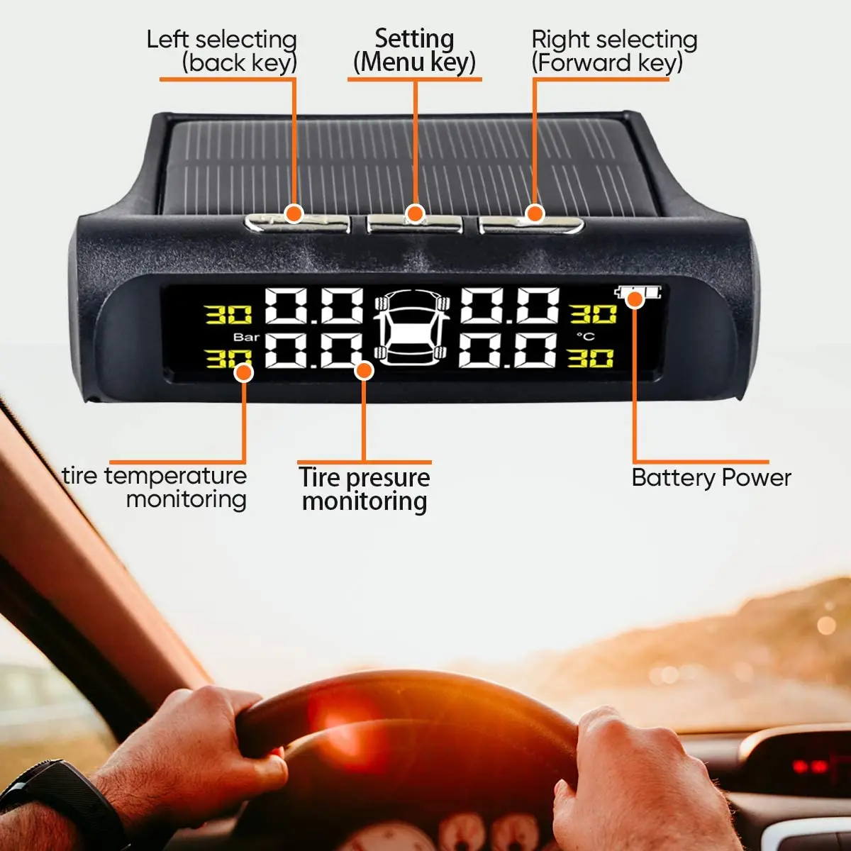 

6 Alarm Modes - Universal Wireless Smart Tire Safety Monitor with Solar and USB Charge Real-Time Pressure Temperature Alerts