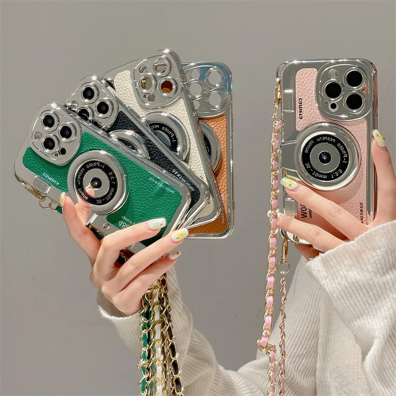 classic Emily In Paris Retro Camera Case For iPhone 14 plus 13 12 11 pro max aslant Lanyard Camera Phone Leather cover case