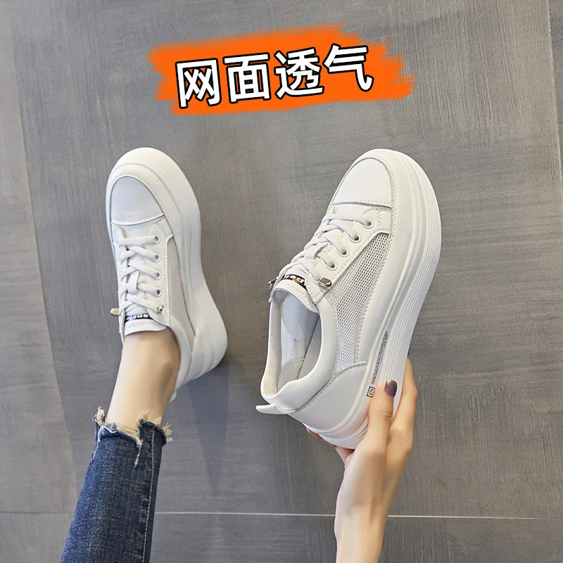 2023 Summer New Breathable Slope Heel with Elevated Low Top Leather Elastic Mesh Shoes Versatile and Trendy Women's Shoes