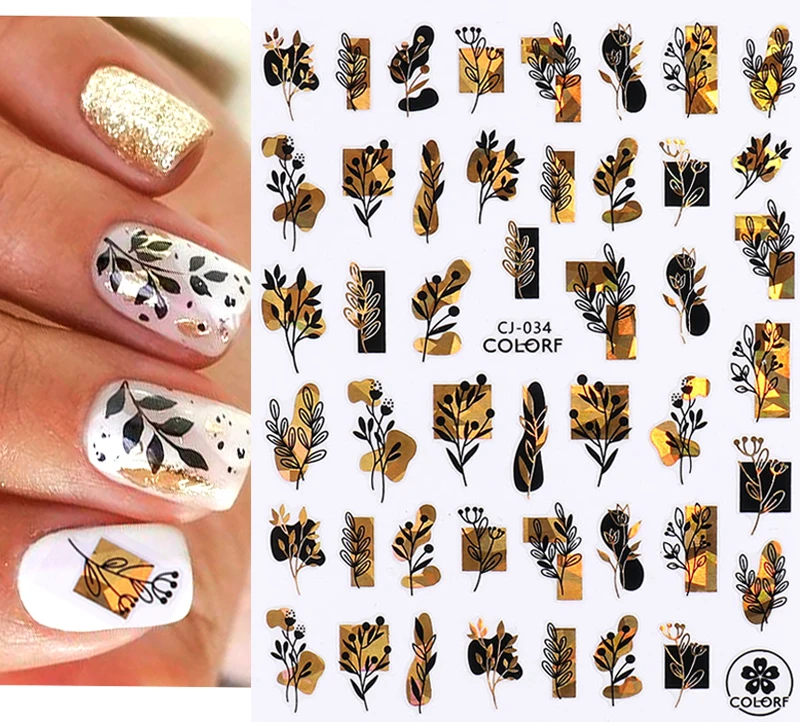 Наклейки для ногтей 3D "Newest Slider Laser Gold Leaves Black Flower Abstract Woman Face Line Art Accessories".