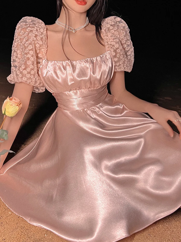 

Chic Sparkly Girl Women Birthday Princess Dress Kawaii Square Collar Corset Pleated Mini Party Vacation Gown Femme Mujer Vestido