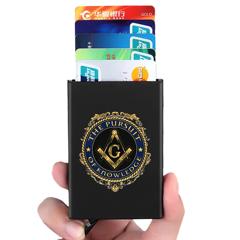 

Anti-theft ID Credit Card Holder Thin Aluminium Metal Wallets The Pursuit Of Knowledge Masonic Printing Pocket Case Card Box