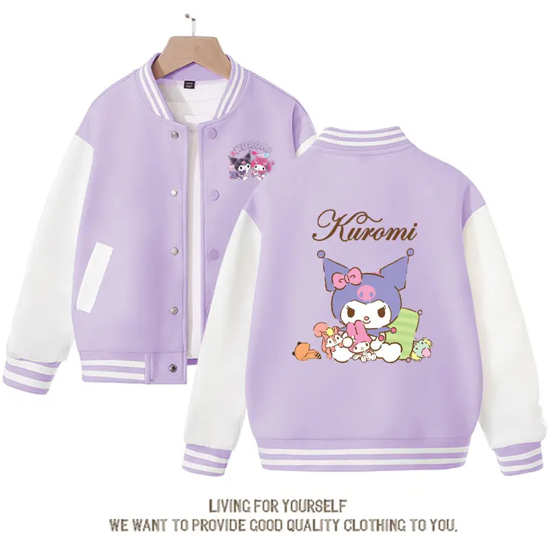 

Sanrios Kawaii Anime Kuromi Baseball Uniform Spring Autumn New Cute Cartoon Children's Loose Sports Jacket Birthday Gift