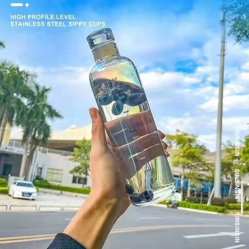 

550ml Large Capacity Glass Bottle With Time Marker Cover For Water Drinks Transparent Milk Juice Simple Cup Birthday Gift
