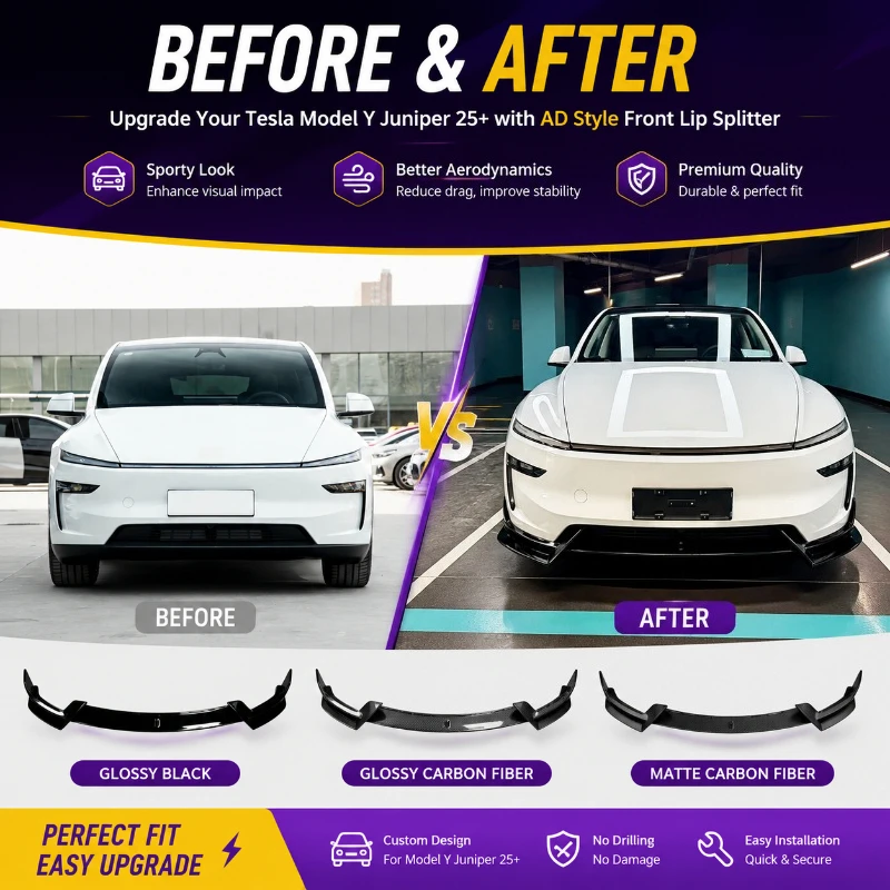 Фото Передний сплиттер-спойлер (накладка) на бампер для Tesla Model Y Juniper 2025+ в стиле AD, без сверления, с канардами, аксессуары для тюнинга кузова №2