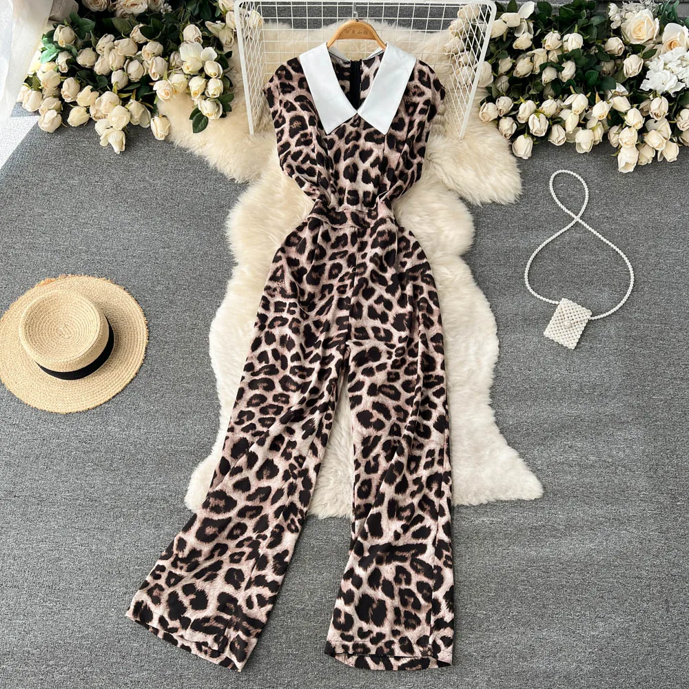 

Leopard Print Sleeveless Jumpsuit Vintage Turn Down Collar High Waist Romper with Wide Leg Pants Summer Women Fashion clothing