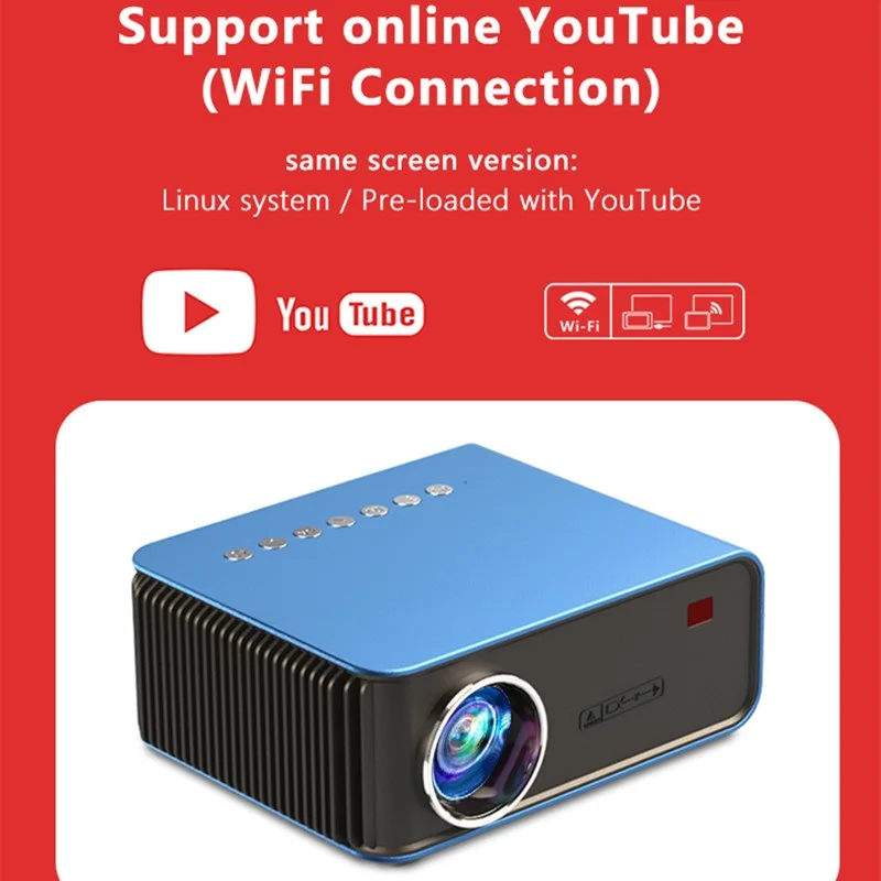 

Smart Wireless Projector Support Online YouTube WiFi Connection 1024 Resolution Support IOS/Androids System Home Video Projector