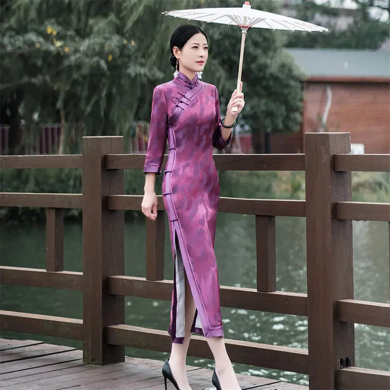 

2022 chinese traditional retro style cheongsam for women half sleeve split qipao dress elegant stand collar daily qipao g782