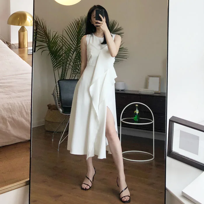 

SC самостоятельное изготовление _ 2019 новый продукт весна-лето свадьба французская Богиня Темперамент без рукавов Высокая талия тонкое белое платье для девушек