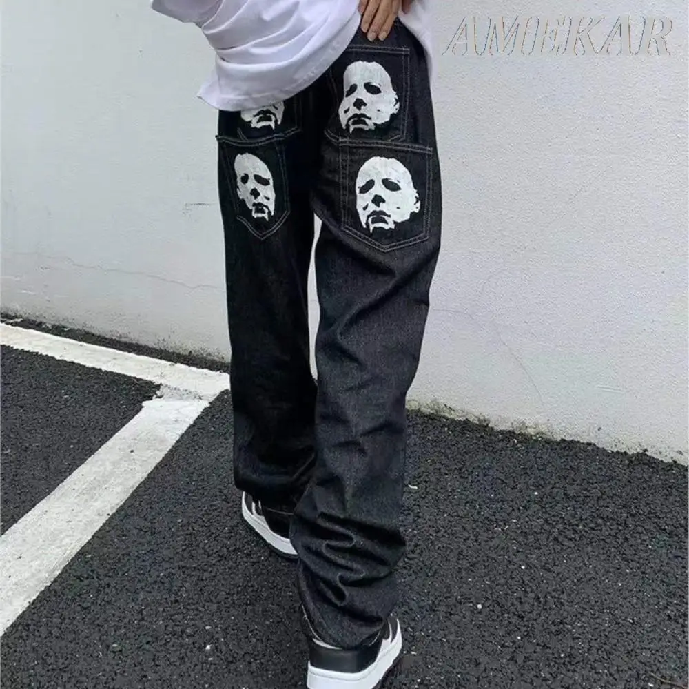 2023 Jeans With Print Straight Baggy Punk Men's Fashion Harajuku Pants Printed Oversize Streetwear Y2k Black Trendy Hip Hop Man