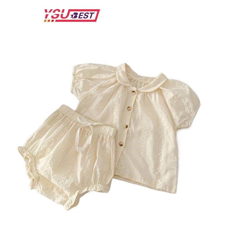 

Детский хлопковый корейский комплект, Маленький очаровательный кардиган с коротким рукавом и однотонные шорты, повседневный комплект из 2 предметов для мальчиков и девочек, на лето