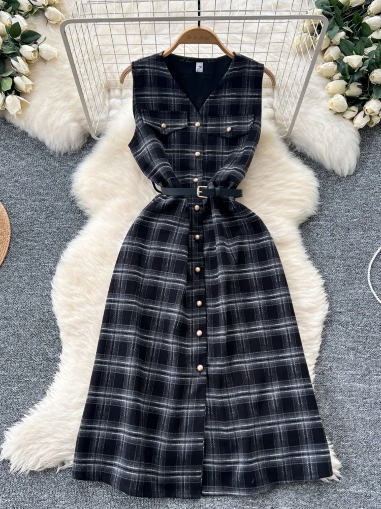 Шерстяное платье во французском стиле ретро женское однобортное клетчатое без