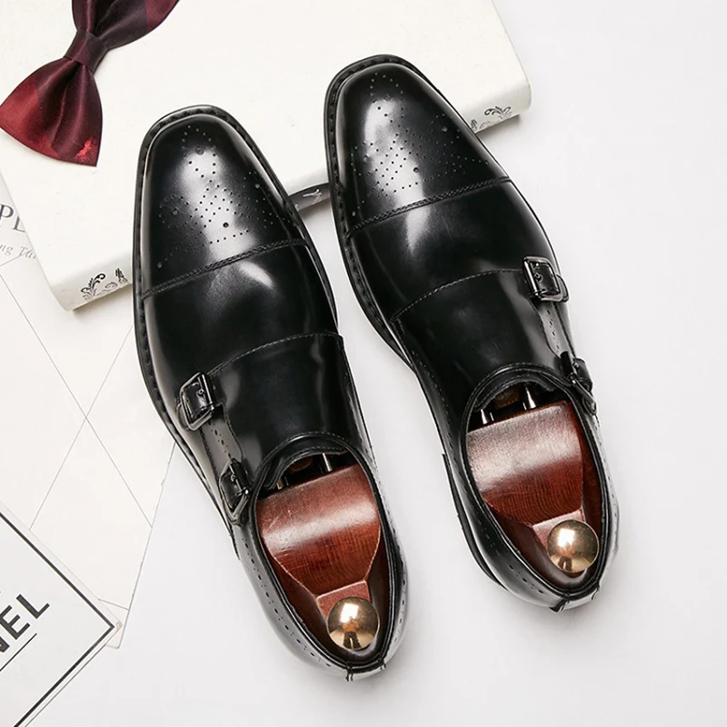 

men's fashion wedding party dress genuine leather monk shoes slip-on driving shoe black brown carved brogue loafers man footwear