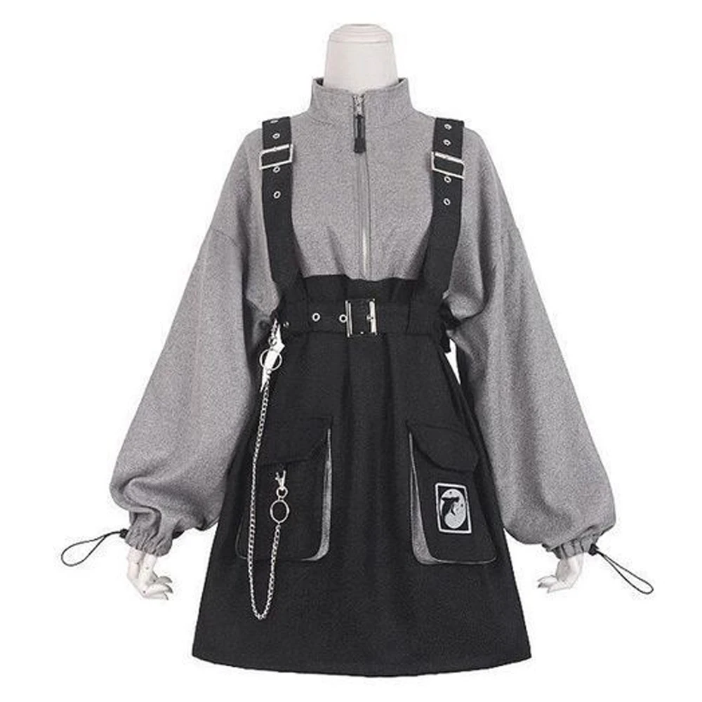 

2023 Retro Vintage Women Gothic Clothes High Waist Long Sleeve Sexy Gry Black Plus Size 2xl Girls Punk Mini Lolita Dress Jurken