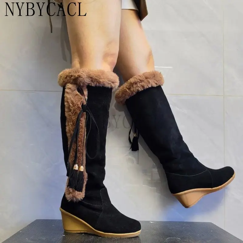 Autumn Warm Women Boots Knee Zipper Solid Color Ladies Boot High Heel Pointed Toe Sexy Low Heel Pumps Female Shoe Botas De Mujer