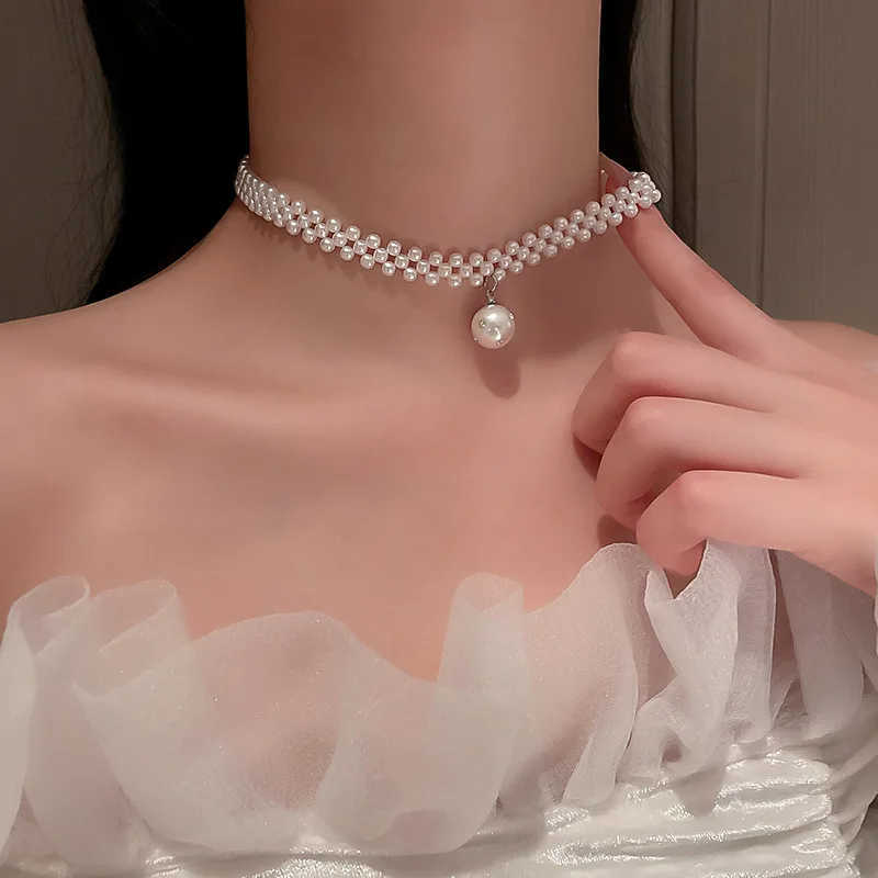 

Kpop Fashion Round Pearl Pendant Necklace for Women Choker Wild Fashion Clavicle Chain Party Female Collar Short Jewelry