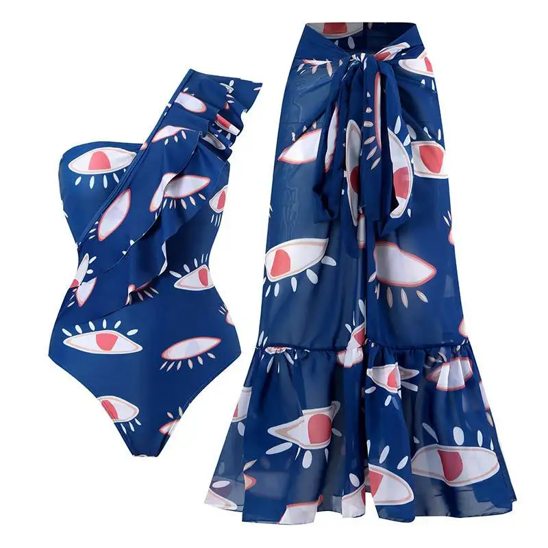 

One Shoulder Ruffle Eyes Print Bikini Set Swimsuit & Skirt Female Sexy Slim One Piece Deep-V Backless Swimwear Bathing Suits