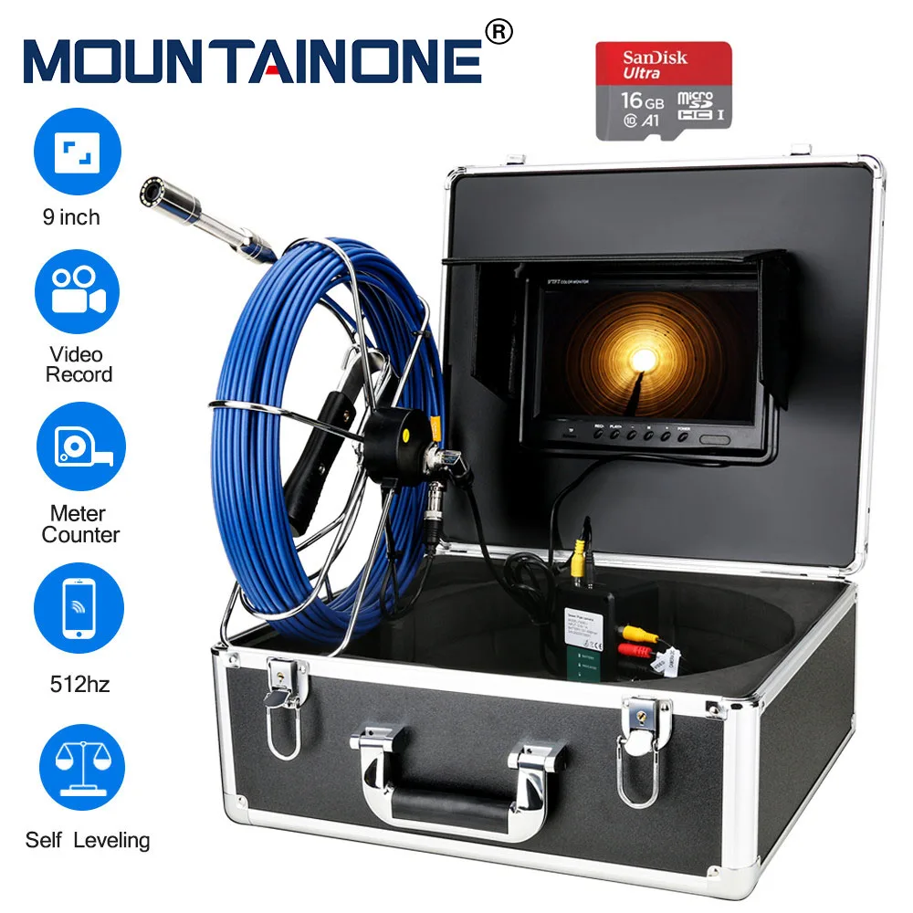 

9" Monitor DVR Sewer Pipe Inspection Video Camera with Meter Counter Auto Self Leveling 512HZ Pipe Locator 22MM IP68 HD 1000TVL