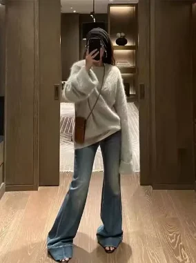 100% норковый кашемировый свитер пуховый пуловер мягкий восковой рог расклешенный