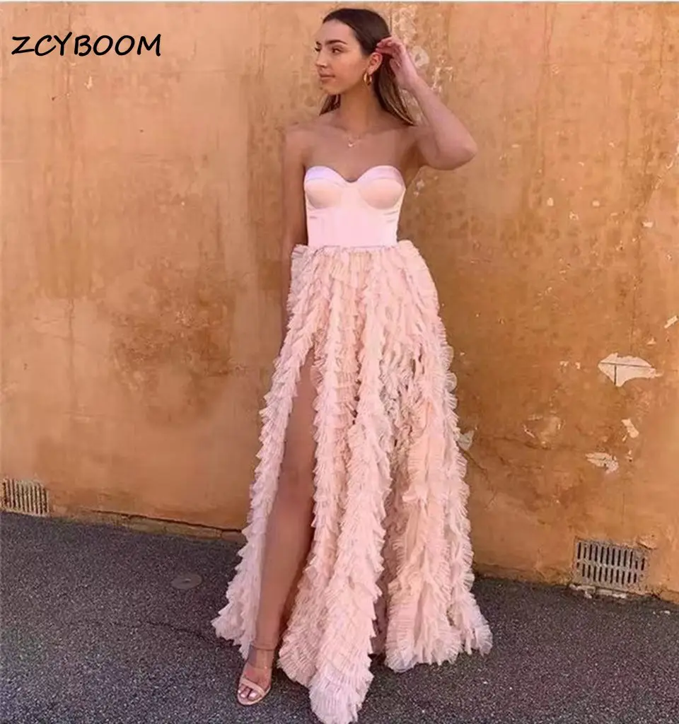 

Sexy Tiered A-Line Prom Dress Sweetheart Strapless Tulle High Side Split Sweep Train Women Cocktail Party Gowns Robes De Soirée