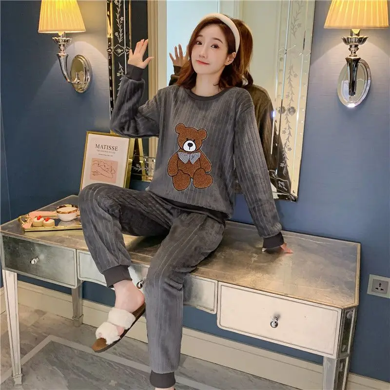 Women's Winter Warm Flannel Pajamas Set Korean Elegant Loose Cute Cartoon Sleepwear Home Clothes Two-piece Suit Femlae Pijama