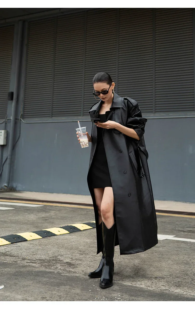 Женская длинная куртка из искусственной кожи осенне-зимний Дамский тренчкот с