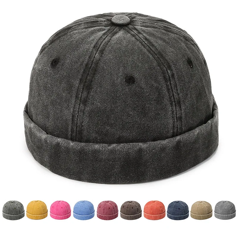

New Women Men Solid Cotton Washed Denim Beanie Hat Spring Autumn Retro Adjustable Docker Sailor Cap Hat For Women Men