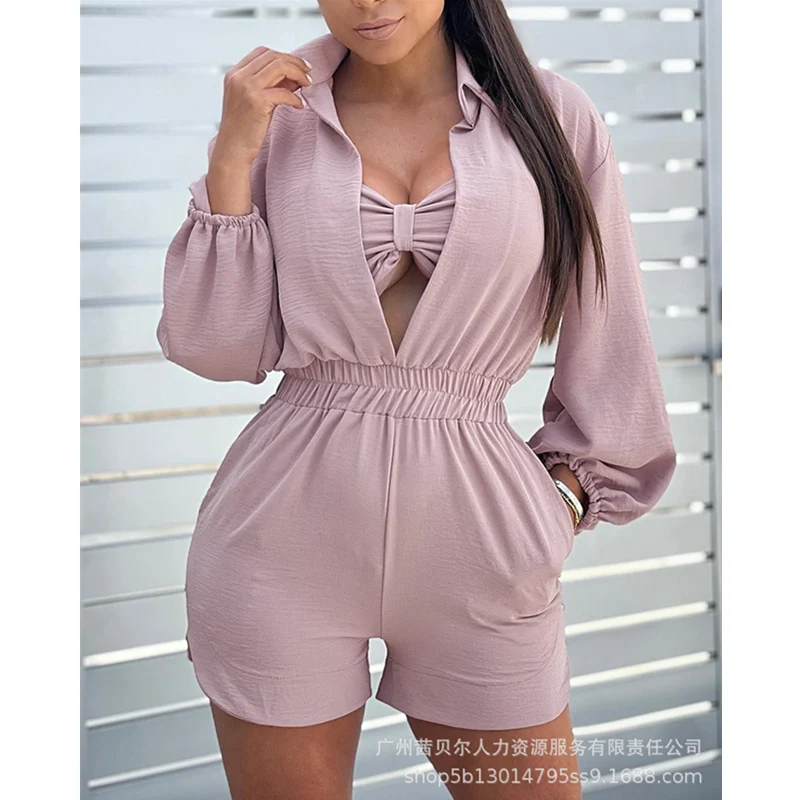 

Mandylandy Women Elegant Long Lantern Sleeve Shirred Pocket Decor Romper Playsuit Fashion Casual V Neck High Waist Corset Shorts