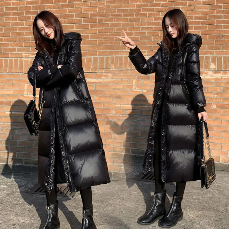 Black Glossy Parka Coat Women New Fashion Thicken Winter Hooded Loose Long Jacket Female Windproof Rainproof Warm Parkas Outwear