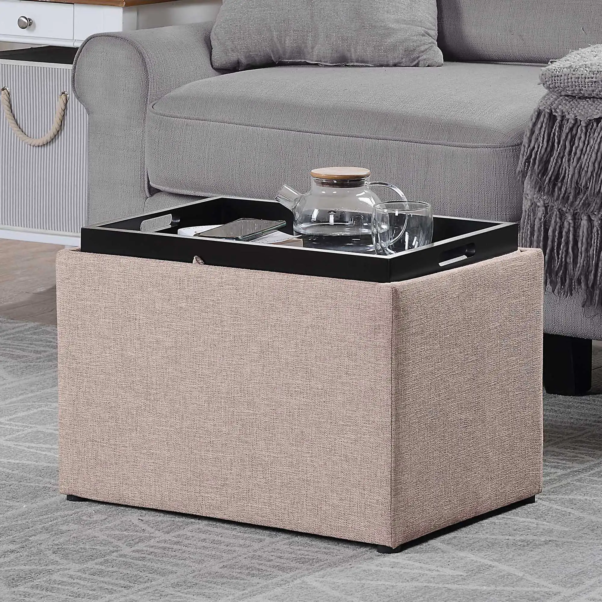 Multifunctional Storage Ottoman with Reversible Tray 2